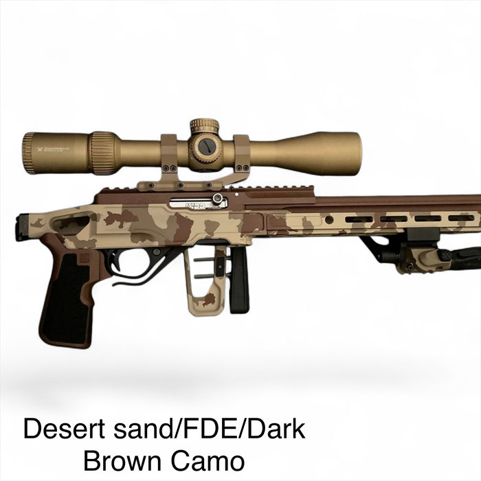 fde, dark brown, and desert sand cerakote camo on a 10/22 rifle with a burnt bronze scope